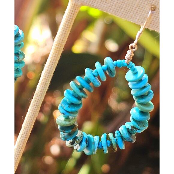 Sleeping Beauty Turquoise Sterling Silver Artisan Hoop Earrings - Picture 2 of 8